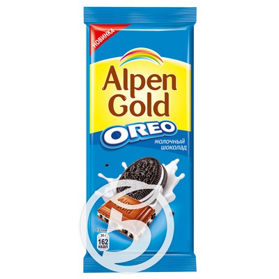 Шоколад "Alpen Gold" Орео молочный со вкусом ванили и кусочками печенья 95г по акции в Пятерочке