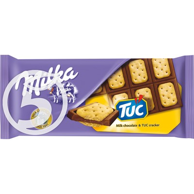 Шоколад "Milka" молочный с соленым крекером Tuc 87г по акции в Пятерочке
