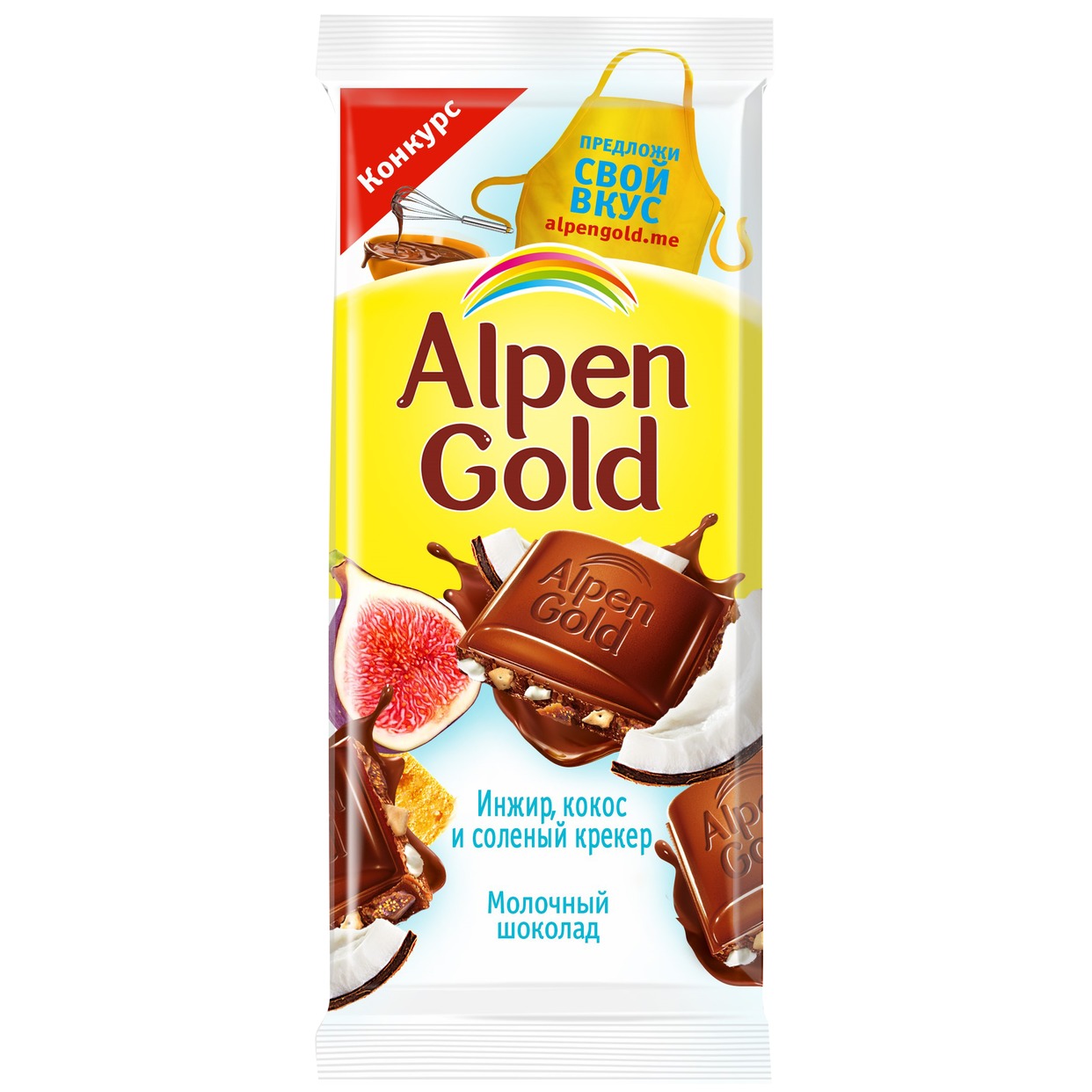 Шоколад молочный "Альпен Гольд" с сушеным инжиром, кокосовой стружкой и соленым крекером, 85г по акции в Пятерочке