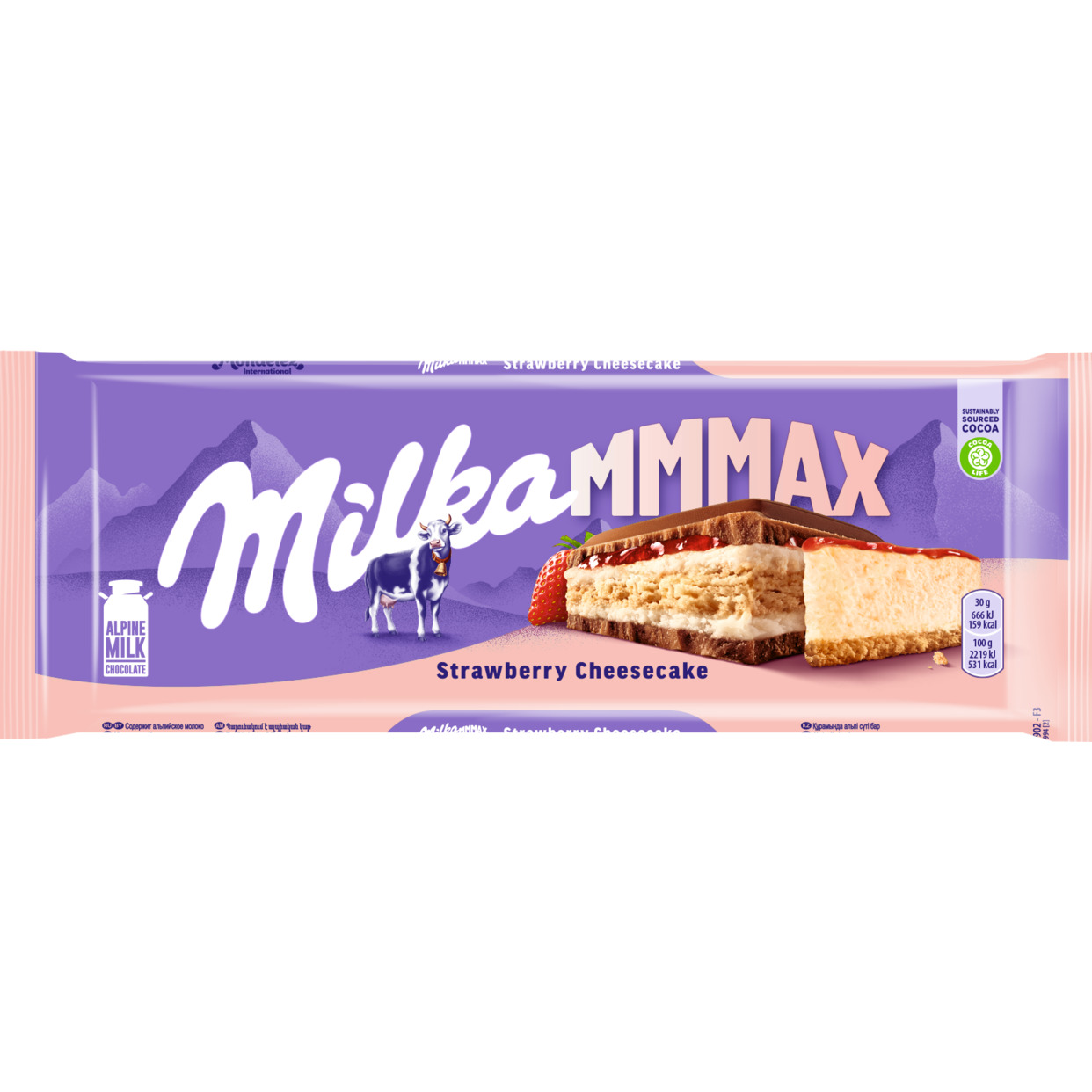 Шоколад молочный «MILKA МММАХ» (МММАКС) Strawberry Cheesecake с начинкой со вкусом чизкейка, клубничной начинкой и печеньем, 300Г по акции в Пятерочке