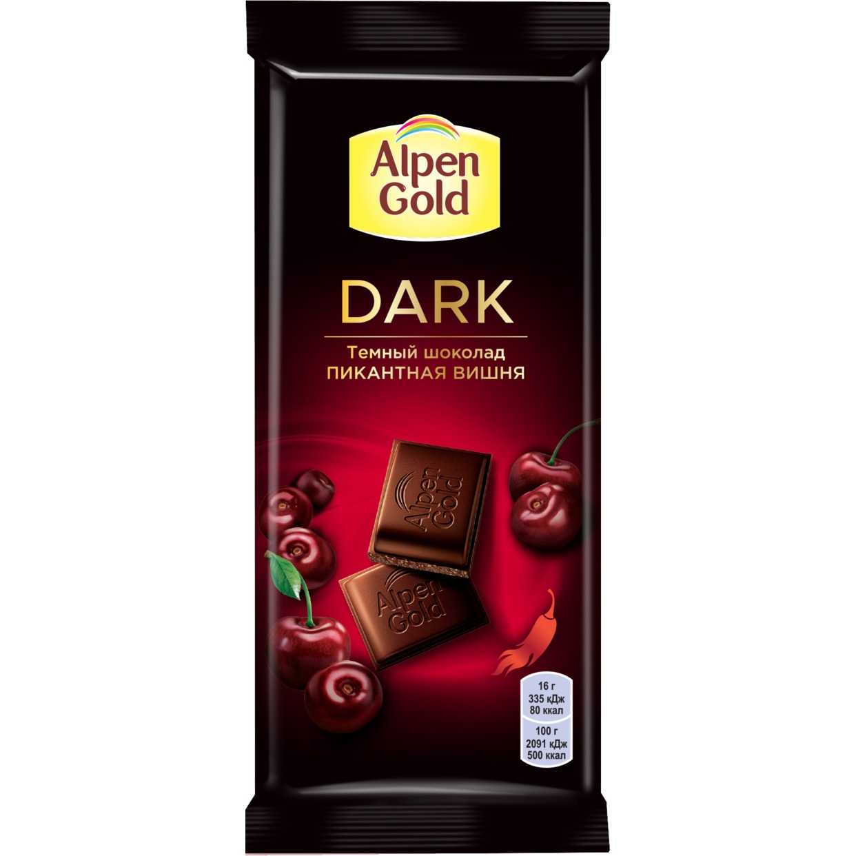 Шоколад темный Alpen Gold Альпен Гольд Пикантная Вишня с вишневыми кусочками со вкусом перца чили, 80г по акции в Пятерочке