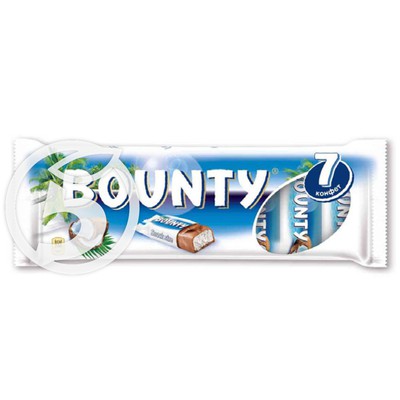 Шоколадный батончик "Bounty" 7шт по акции в Пятерочке