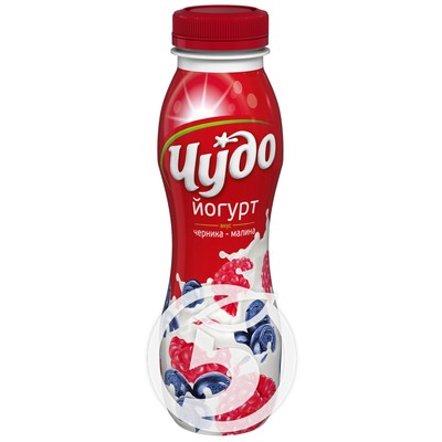 Йогурт "Чудо" питьевой со вкусом черники и малины 2,4% 270г по акции в Пятерочке