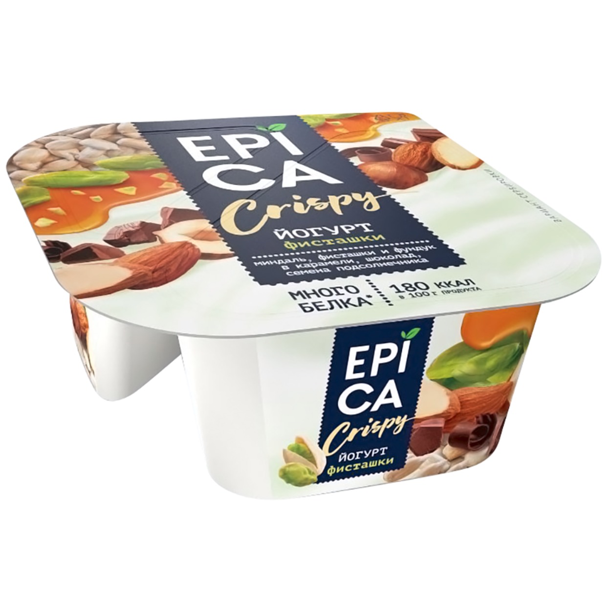 Йогурт Epica Crispy Фисташки 4.8% + Смесь из семян орехов и темного шоколада 140г по акции в Пятерочке
