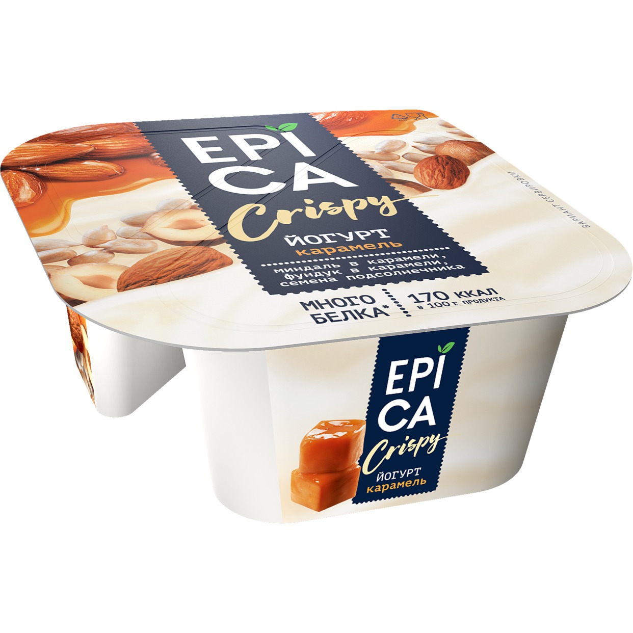 Йогурт Epica Crispy, карамель, 10,2%, 140 г по акции в Пятерочке