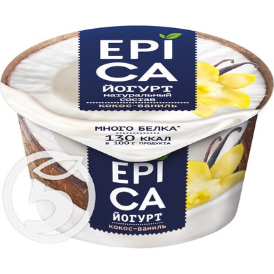 Йогурт "Epica" С кокосом и ванилью 6.3% 130г по акции в Пятерочке