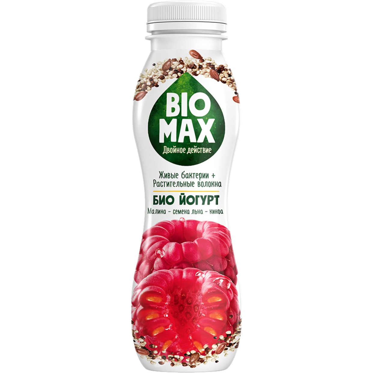Акция в Пятерочке на "Bio-Max" биойогурт с наполнителем "Малина-семена льна-киноа»" обогащенный бифидобактериями и пребиотиком 1.6% 270г