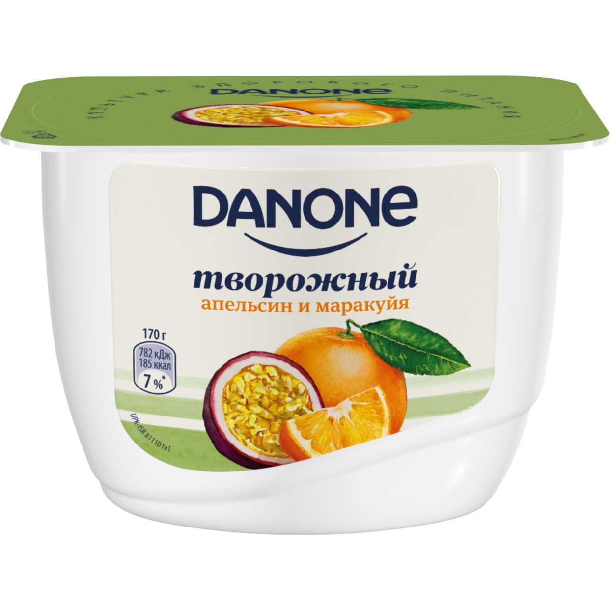 Акция в Пятерочке на БЗМЖ Продукт творожный с апельсином и маракуйей «Данон», массовая доля жира 3,6 %, 170 гр