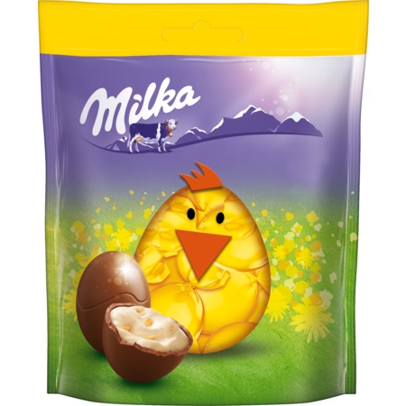 Фигурный шоколад молочный «Milka» в форме яйца с молочной начинкой с дробленым фундуком 86г по акции в Пятерочке