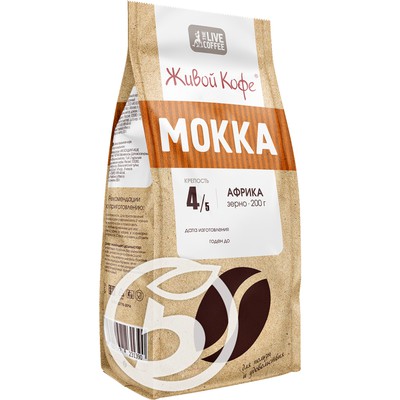 Кофе "Живой Кофе" Mokka Африканская Арабика зерновой 200г по акции в Пятерочке