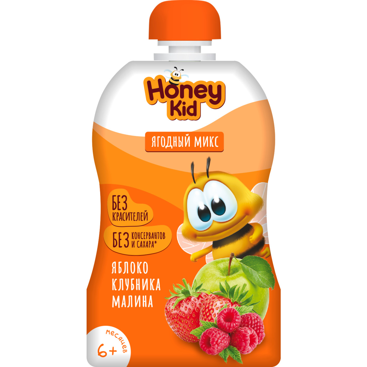 Пюре "Honey Kid" из яблок, малины и клубники для детского питания для детей раннего возраста гомогенизированное, стерилизованное с 6 месяцев 90г по акции в Пятерочке