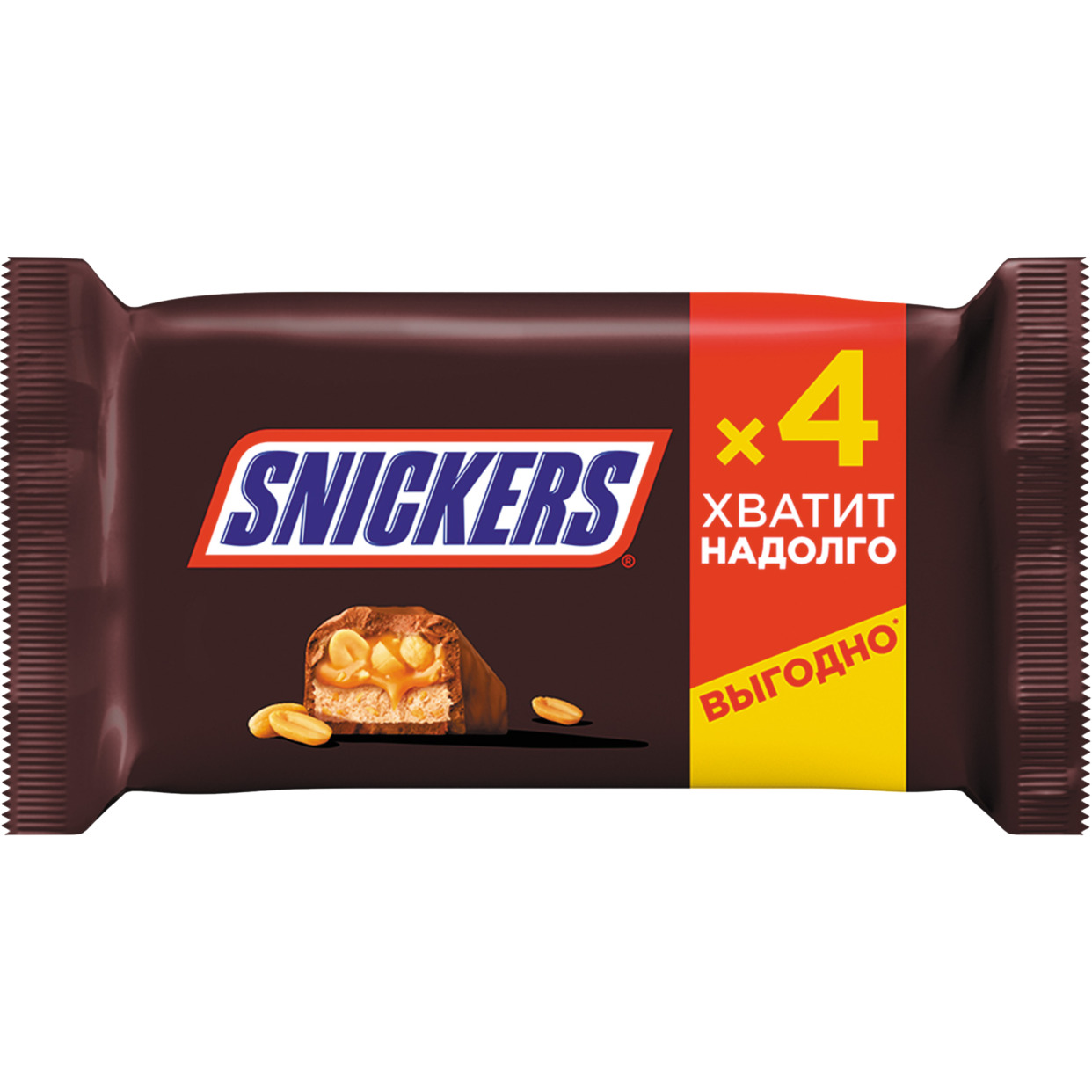 Шоколадный батончик Snickers с жареным арахисом, карамелью и нугой, покрытый молочным шоколадом, 160г (4х40г) по акции в Пятерочке